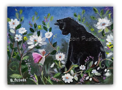 $12.99 • Buy Wee Fairy, Black Cat, Flower Garden, 5 X7  Whimsical, Canvas Painting