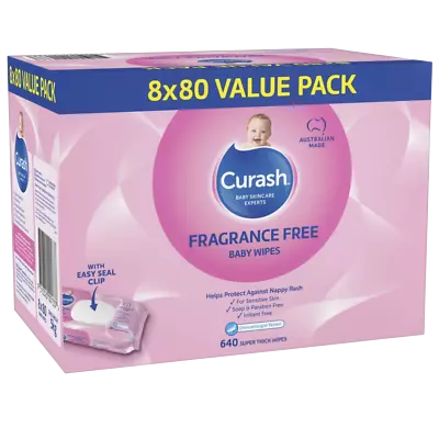 Curash Baby Wipes Fragrance Free 8 X 80 Value Pack For Sensitive Skin Soap Free • $26.13