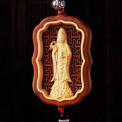 China Hollow Out Inlay Wood Carving Aquarius KwanYin Sculpture Amulet Car Hanger • $15.99