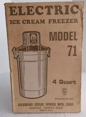 VTG RCW Richmond Cedar Works Ice Cream Maker Model 71 Electric 4 QT USA #20751 • $29.24