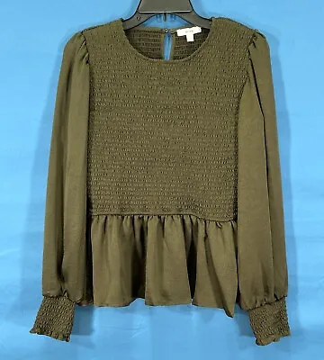 NWOT MINE Women's OLIVE Smocked SATIN Long Sleeve KEYHOLE BACK Peplum TOP Sz L • $12.60