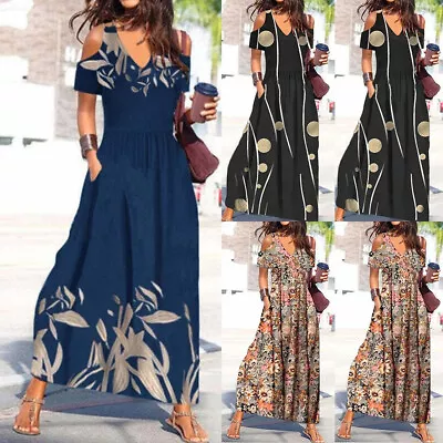 Womens Boho Long Maxi Dress Cold Shoulder Holiday Beach Summer Kaftan Sundress • £14.39