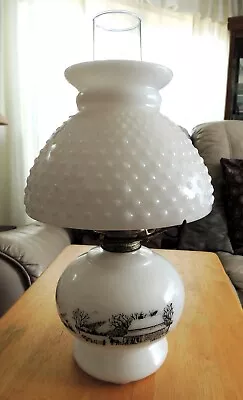 Currier And Ives Milk Glass Oil Lamp With Chimney And Milk Glass Hobnail Shade • $27.50