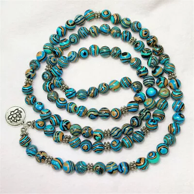 8mm Blue Malachite 108 Bead Gemstone Mala Bracelet Chakra Buddhism Bless Lucky • $9.82