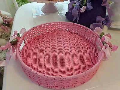 Spring Pink Roses Big And Beautiful Faux Wicker Decorated Round Tray • $24.95