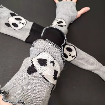 Sweater Arm Warmers Gray Panda Knit Gloves Black Sleeves Covers Animal Gift Goth • $48