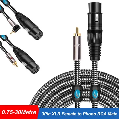 3Pin XLR Female To Phono RCA Right Angle Male Gilded Cable Lead 0.75 - 30 Metres • £13.54