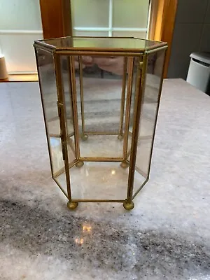 Vintage Hexagonal Mirrored Glass Brass Display Case 7.25  T X 5  W Keepsake Box! • $87.50