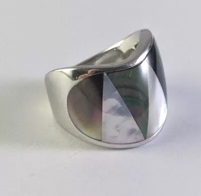 Solid Sterling Silver 925 Wavy Mother Of Pearl Abalone Inlay Geometric Ring SZ 8 • $16.99