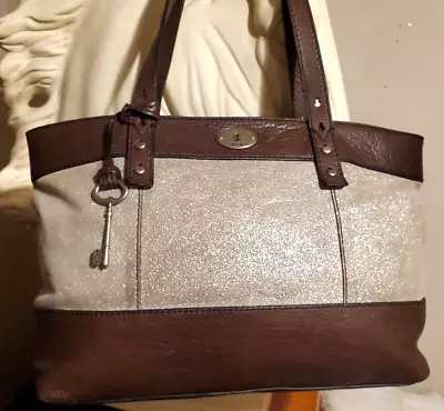 Fossil Hampton Tote In Brown Leather With Sparkle Silver - Beautiful • $40