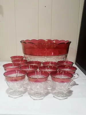 Vintage Indiana Glass Kings Crown Ruby Punch Bowl Set W/ 12 Footed Cups • $170.99