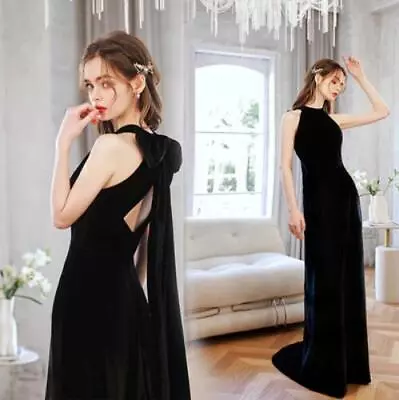 Elegant Black Halter Bowknot Evening Dresses Cocktail Party Velvet Fishtail Gow • $100.47