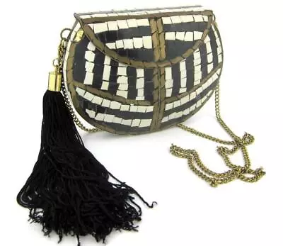 Zara Black White Mosaic Clutch Sling Bag Handbag Tassel Shoulder Chain Crossbody • $38.58