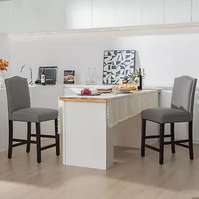 2PCS Upholstered Bar Stools 25  Counter Height Chairs W/ Rubber Wood Legs Grey • $139.99