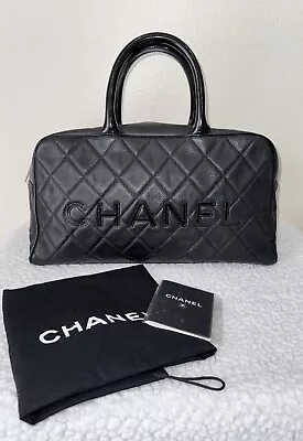 CHANEL CC Bowler Boston Bag Black Caviar Leather Diamond Quilted Vintage • $2250