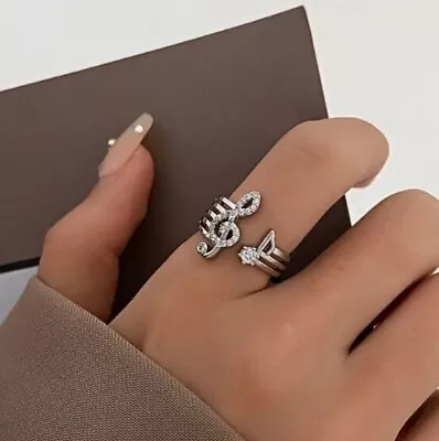 Korean Fashion Micro Set Zircon Music Note Ring Trend Copper Open Ring For Women • $25