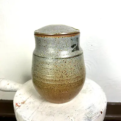 Vintage Pottery Canister W/ Lid Handmade Brown Blue Pattern Round Primitive Jar • $99.99