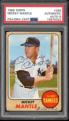 Signed 1968 Topps Mickey Mantle Yankees Autograph Card #280 - PSA Auto 8 • $2560.25