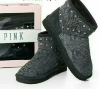 Victoria Secret PINK Fur Lined Mukluk Short Ankle Boots Leather Gray Snakeskin • $49.49