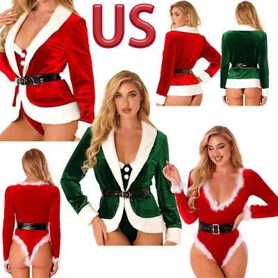 US Women's Mrs Santa Claus Jacket Coat Cosplay Costume Christmas Tops With Belt • $19.59