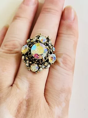 Hollycraft 1960s Cocktail Ring VTG Aurora Borealis Crystal Statement Signed Rare • $31.15