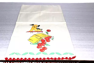 Vintage Embroidered Dog With Cherries Muslin Tea Towel • $18