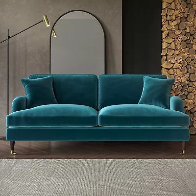 Blue Velvet Sofa 3 Seater Foam Filled With Ruched Saddle Arms Wood Gold Legs • £689.92