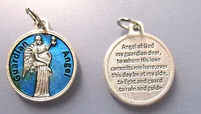 Guardian Angel + Guardian Angel Prayer - 3/4 Inch Silver Tone Blue Medal • $4