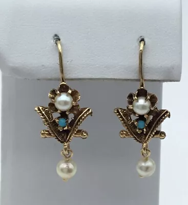 Vintage 14K Yellow Gold Cultured Pearl And Turquoise Kidney Wire Drop Earrings  • $297