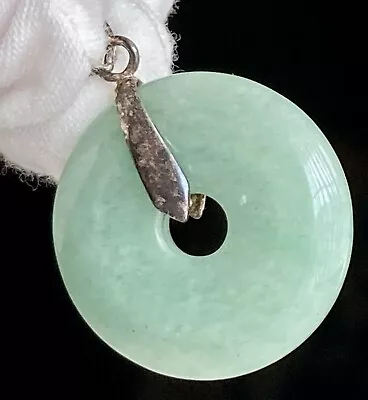 Green Jade Sterling Silver Round Donut Pendant 1.75in Vintage 925 10g Stamped • $35