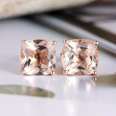 2.59 CT Cushion Cut Simulated Morganite Stud Earring Gold Plated 925 Silver • $4