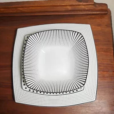 Mikasa Cheers Square Dinner And Salad Plates Plus Soup Bowl Black Dots Stripes • $45