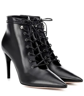 Nib Miu Miu Prada Black Leather 5t094c Lace Up Stiletto Ankle Boots 39.5 Italy • $369