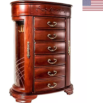 Elegant Mahogany Jewelry Armoire With Etched Glass Doors And 6 Drawers • $246.99