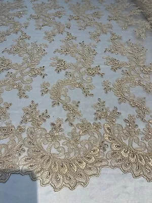 Beige Lace Fabric Corded Flower Embroider With Sequins On Mesh Fabric Yard • $19.99