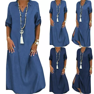 Plus Size 6-20 Women V-Neck Denim Shirt Dress Kaftan Baggy  Midi Jeans Dresses • £3.89