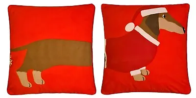 2 Christmas Dachshund  Dog Cushion Covers Thick 17  43cm Red White Cotton Blend • £12.99