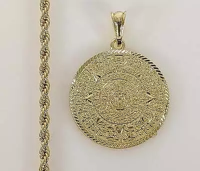 Aztec Mayan Calendar 4mm Chain Necklace Pendant Gold Plated Calendario Azteca • $15