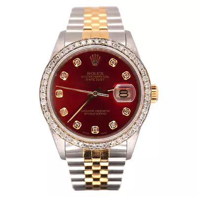 Rolex Mens Datejust 36mm 18k Yellow Gold & Steel ICED 1.75ct Diamonds Red Dial • £6239