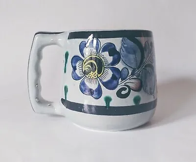 Vintage Tonala Mexico Large Coffee Mug Blue Floral Mexican Pottery Folk Art  • $9.95