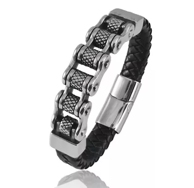 Men's Stainless Steel Punk Motorcycle Bike Chain Braided Black Leather Bracelet • $15.99