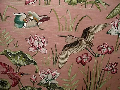 Japanese Water Lily And Birds Pink Linen Blend Curtain Upholstery Cushion Fabric • £21.99
