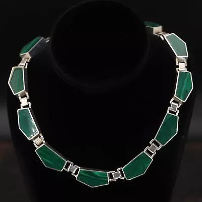 VTG Sterling Silver - MEXICO TAXCO Malachite Inlay 17.5  Heavy Necklace - 100.5g • $5.50