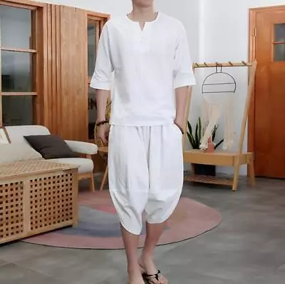Summer Men's 2pc Cotton Linen Walking Suit Short Sleeve Casual Shirt & Pants Set • $28.90