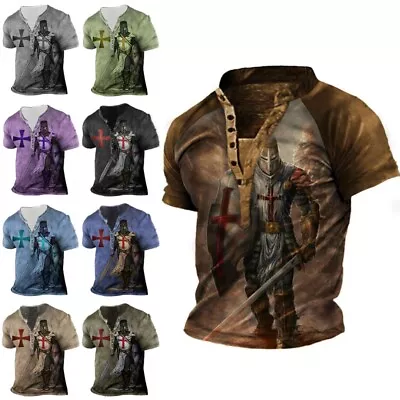 £12.96 • Buy Mens Short Sleeve V Neck Tops T Shirt Casual Baggy Button Vintage Pullover Tunic