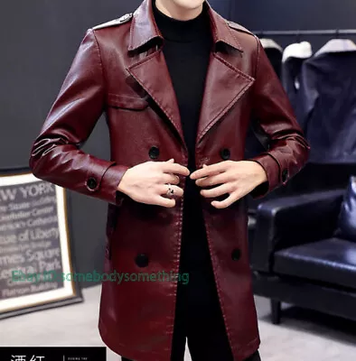 Men's Leather Trench Coat Double Breasted Overcoat Lapel Mid Length Jacket NEW • $69.19