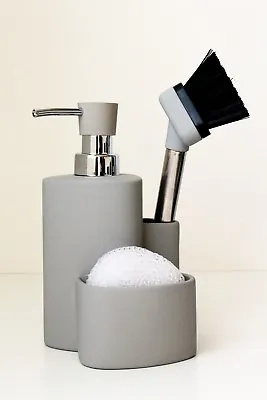 Ceramic Washing-up Liquid Dispenser Sponge Kitchen Dish Brush Caddy Grey White • £9.99