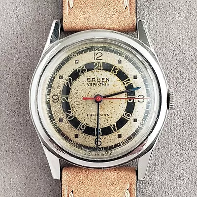 1940s Gruen Pan American Vintage Watch Rare All Steel Case 24 Hour Tuxedo Dial • $275