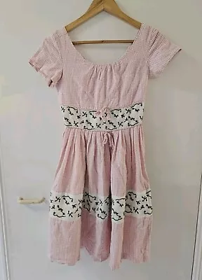 REVIVAL Pink Gingham Embroidered Floral Fit Flare Vintage Style Dress 6 XS • $24