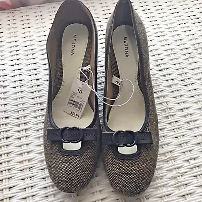 NWT Merona Kitten Heels Size 10 Brown Tweed Faux Leather Bow Vintage Look Pumps • $12